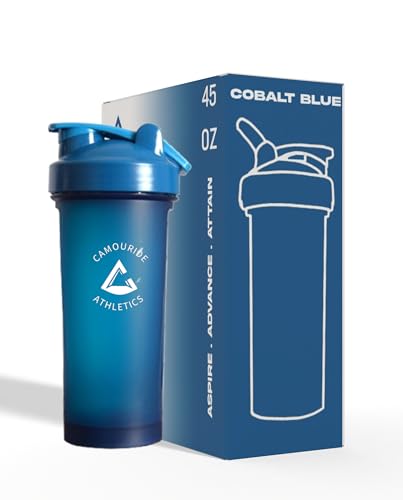 2 Pack 45 oz Protein Shaker Bottles with Wire Whisk – BPA-Free, Leak-Proof Shaker Cups for Protein Shakes & Smoothies – Large Plastic Mixer Bottle – Classic White & Cobalt Blue.