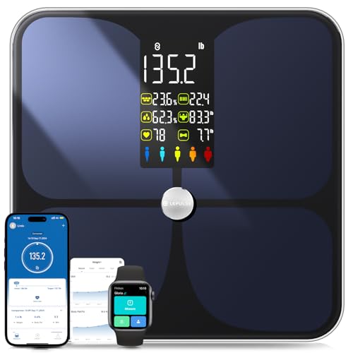 Lepulse Scale for Body Weight, Smart Digital Bathroom Weight Scale with BMI Muscle Mass 20 Body Composition Metrics,4.68"Large Display Body Fat Scales, Heart Rate, Accurate Bluetooth Weighing with App