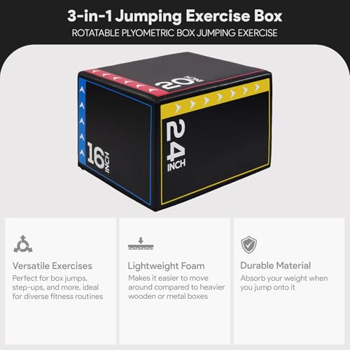 OLIXIS 3-in-1 Plyo Jumping Exercise Box Home Gym Workout Trainer, Non-Slip Multi-Use Cushioned Plyometric Jump Box for Conditioning, Strength Training 24 x 20 x 16 Inch