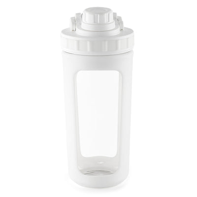 BYLWORKOUT Glass Shaker Bottle Holds upto 28oz | No Blending Ball or Whisk | Removable Plastic Mixer Included | Portable Drink Water Bottle Glass with Silicone Sleeve (White)