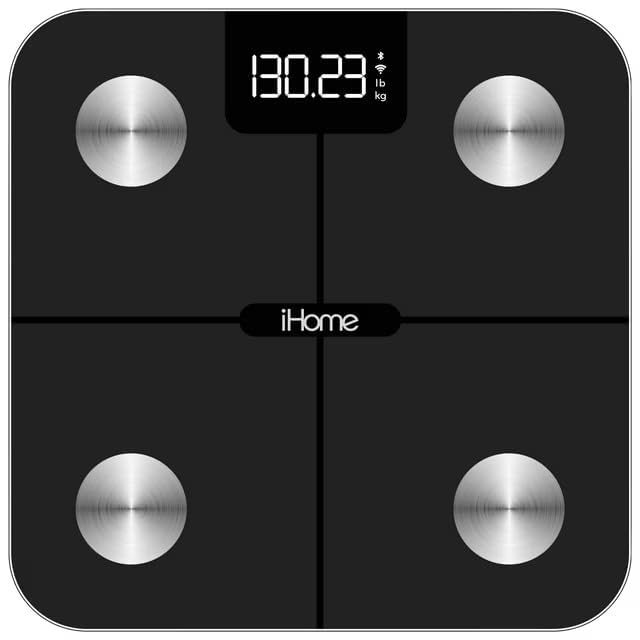 iHome Digital Bluetooth Smart Scale for Body Weight, Weight Scale, Including BMI, Body Fat, Muscle Mass, Batteries Included (Black Smart Bluetooth)