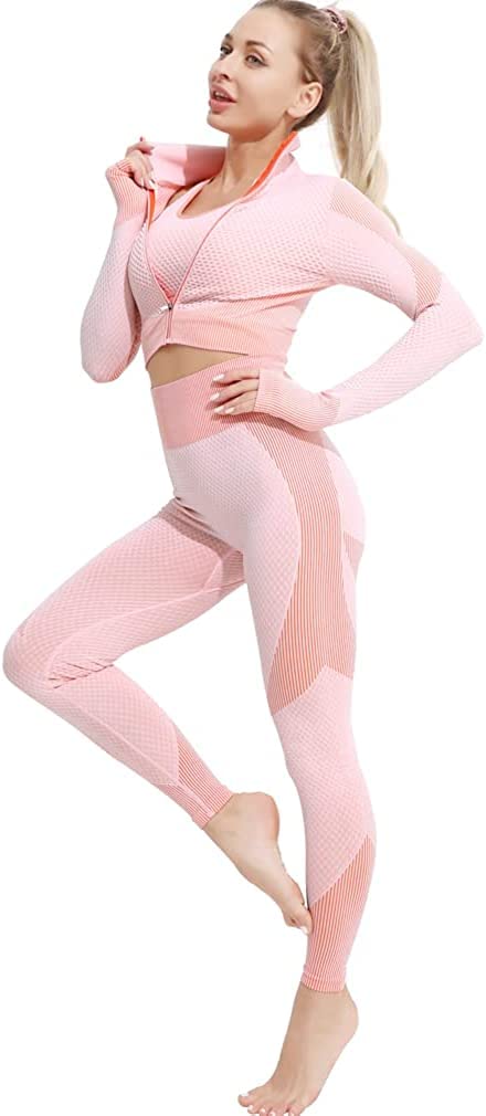3pcs Seamless Outfit Workout Sets Gym for Women, Fitness Sports School Running Clothes Yoga Sportswear