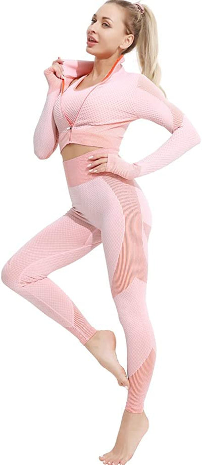 3pcs Seamless Outfit Workout Sets Gym for Women, Fitness Sports School Running Clothes Yoga Sportswear