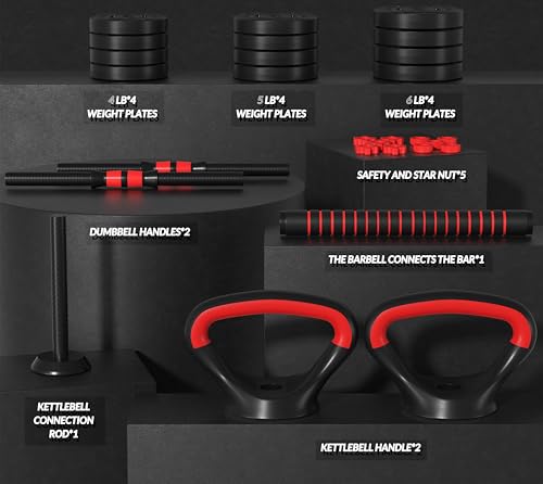 OLIXIS Adjustable Dumbbell Set, 4 IN 1 Changeable Dumbbells, Barbell, Kettlebells and Push Up Stand, Multi-Functional Exercise and Fitness for Home Gym