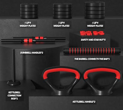 OLIXIS Adjustable Dumbbell Set, 4 IN 1 Changeable Dumbbells, Barbell, Kettlebells and Push Up Stand, Multi-Functional Exercise and Fitness for Home Gym