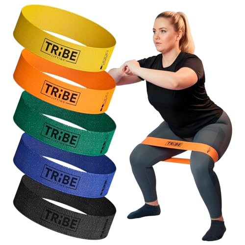 Tribe Lifting Fabric Resistance Bands for Glutes & Legs | 5 Fabric Workout Bands Set | Thick Booty Bands for Squats, Lunges, Hip Training, Physical Therapy & Home Workouts