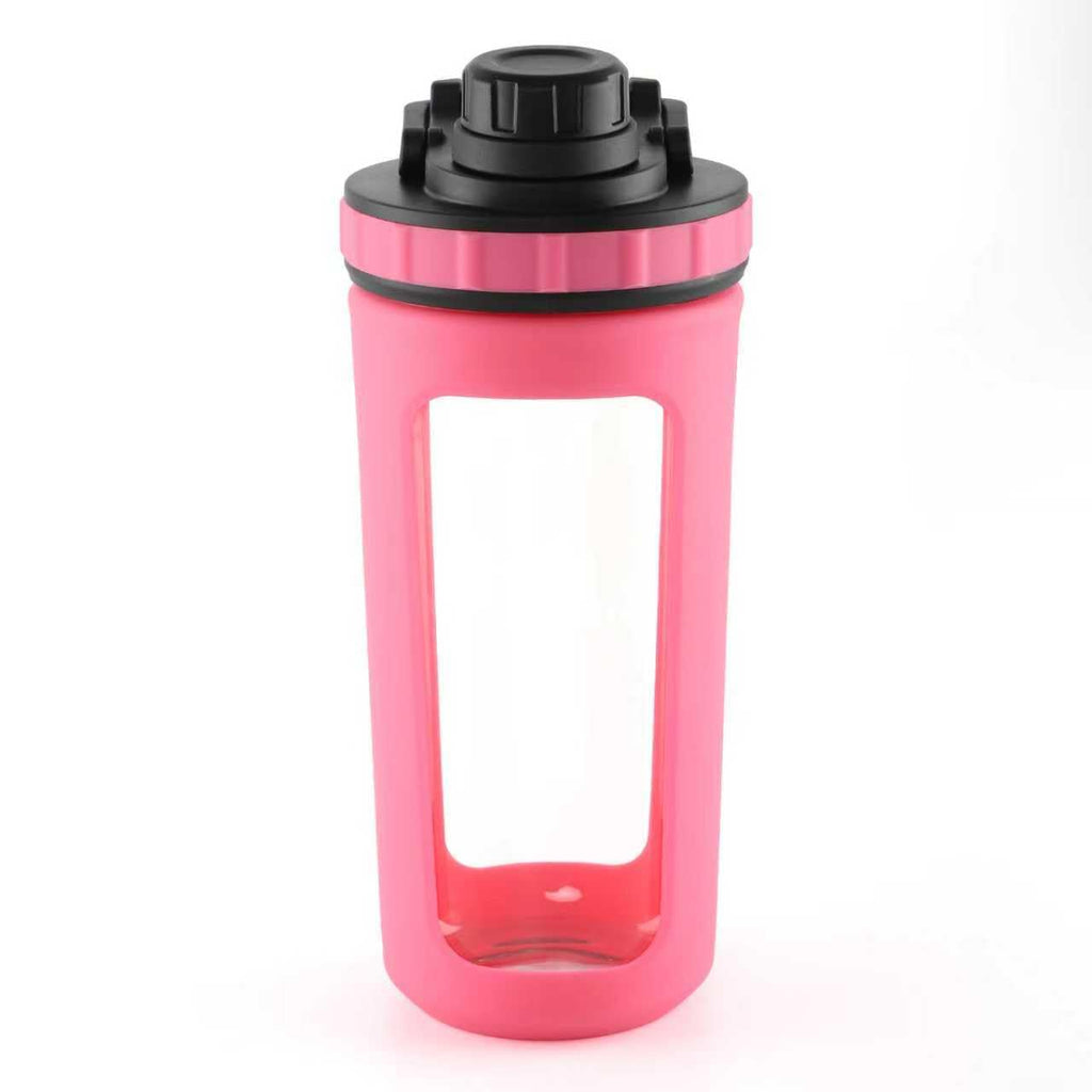 BYLWORKOUT Glass Shaker Bottle Holds upto 28oz | No Blending Ball or Whisk | Removable Plastic Mixer Included | Portable Drink Water Bottle Glass with Silicone Sleeve (White)