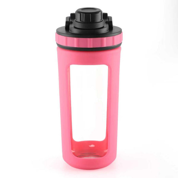 BYLWORKOUT Glass Shaker Bottle Holds upto 28oz | No Blending Ball or Whisk | Removable Plastic Mixer Included | Portable Drink Water Bottle Glass with Silicone Sleeve (White)