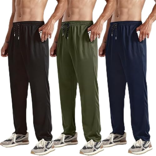 ZH 3 Pack Men's Sweatpants Open Bottom Joggers Lightweight Quick Dry Athletic Pants with Pockets for Workout & Lounge