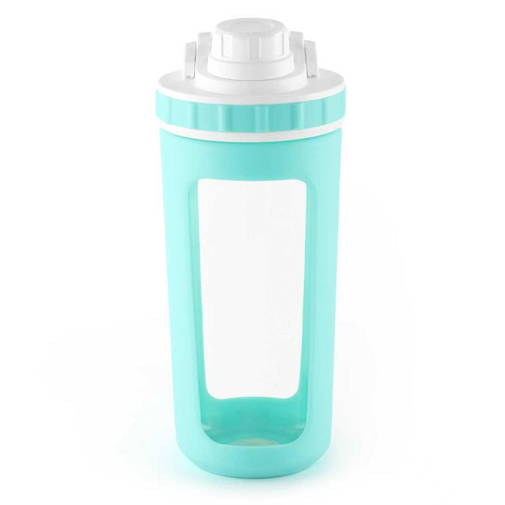BYLWORKOUT Glass Shaker Bottle Holds upto 28oz | No Blending Ball or Whisk | Removable Plastic Mixer Included | Portable Drink Water Bottle Glass with Silicone Sleeve (White)