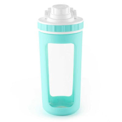 BYLWORKOUT Glass Shaker Bottle Holds upto 28oz | No Blending Ball or Whisk | Removable Plastic Mixer Included | Portable Drink Water Bottle Glass with Silicone Sleeve (White)
