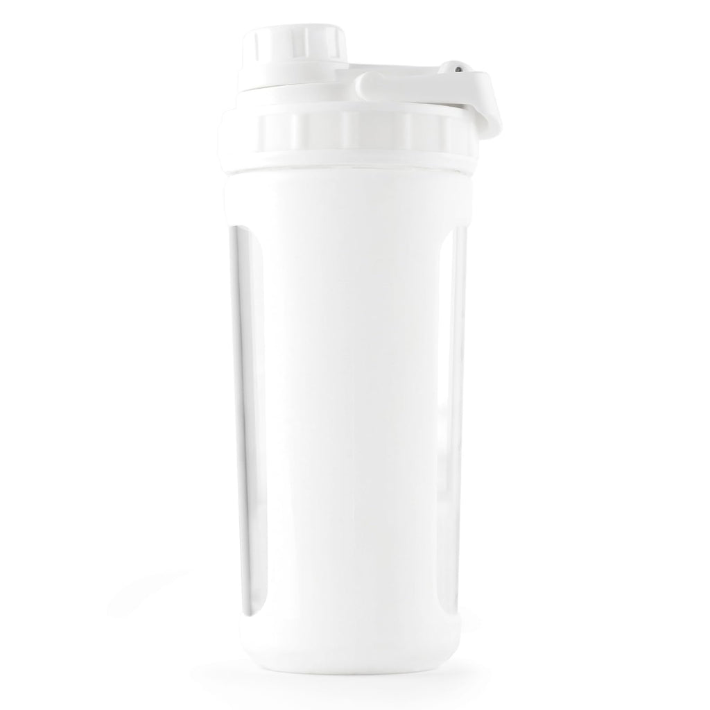 BYLWORKOUT Glass Shaker Bottle Holds upto 28oz | No Blending Ball or Whisk | Removable Plastic Mixer Included | Portable Drink Water Bottle Glass with Silicone Sleeve (White)