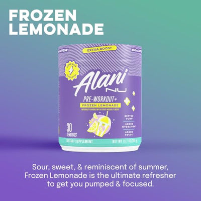 Alani Nu Pre Workout+ Powder Frozen Lemonade, Extra Boost, Sugar Free, 300mg Caffeine, L-Theanine, Beta-Alanine, Citrulline, 30 Servings