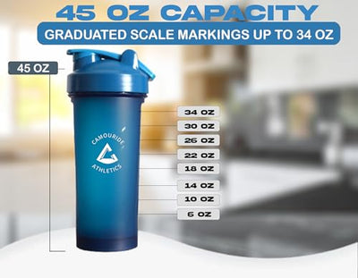 2 Pack 45 oz Protein Shaker Bottles with Wire Whisk – BPA-Free, Leak-Proof Shaker Cups for Protein Shakes & Smoothies – Large Plastic Mixer Bottle – Classic White & Cobalt Blue.