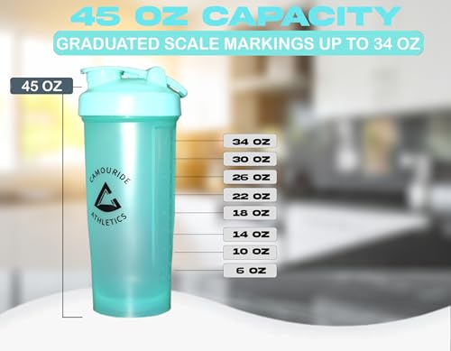 2 Pack 45 oz Protein Shaker Bottles with Wire Whisk – BPA-Free, Leak-Proof Shaker Cups for Protein Shakes & Smoothies – Large Plastic Mixer Bottle – Classic White & Cobalt Blue.