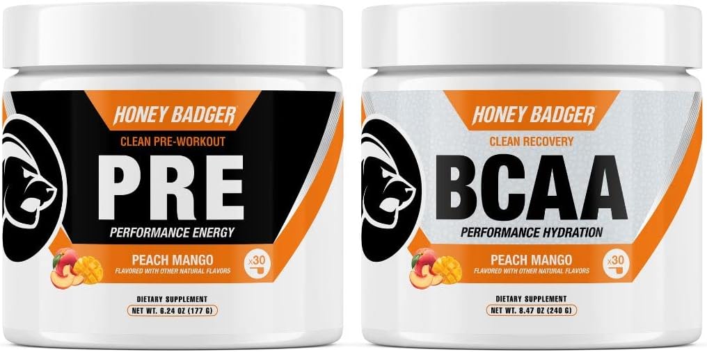 Honey Badger Vegan Keto Pre Workout and BCAA | Peach Mango | Natural Paleo Sugar Free Pump Energy Supplement Nootropics Amino Acids Nitric Oxide Sucralose Free + Non-Habit Forming | 30 Servings
