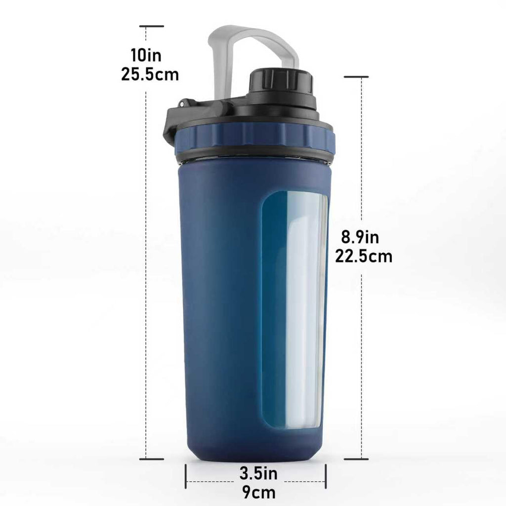 BYLWORKOUT Glass Shaker Bottle Holds upto 28oz | No Blending Ball or Whisk | Removable Plastic Mixer Included | Portable Drink Water Bottle Glass with Silicone Sleeve (White)