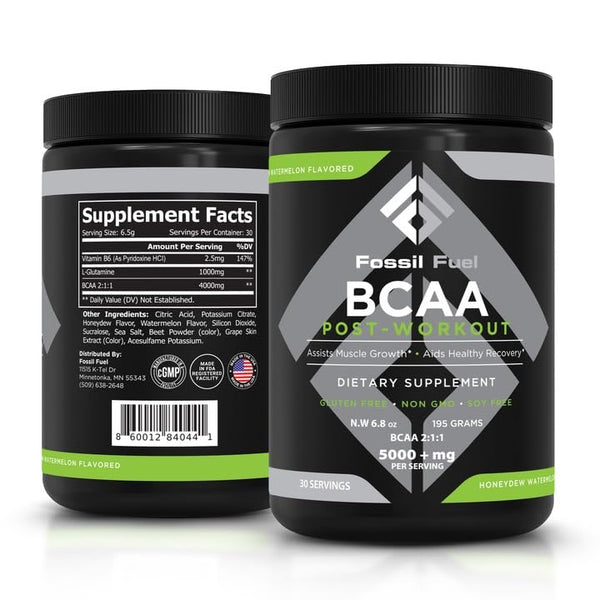 Fossil Fuel Sugar-Free BCAA Powder – Post-Workout Muscle Recovery with BCAAs, Glutamine, Vitamin B6, Amino Acids, Endurance & Hydration, Honeydew Watermelon (30 Servings)