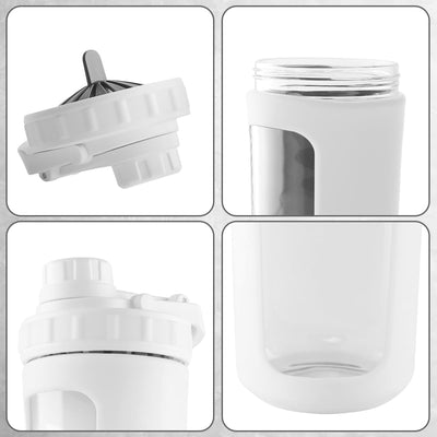 BYLWORKOUT Glass Shaker Bottle Holds upto 28oz | No Blending Ball or Whisk | Removable Plastic Mixer Included | Portable Drink Water Bottle Glass with Silicone Sleeve (White)