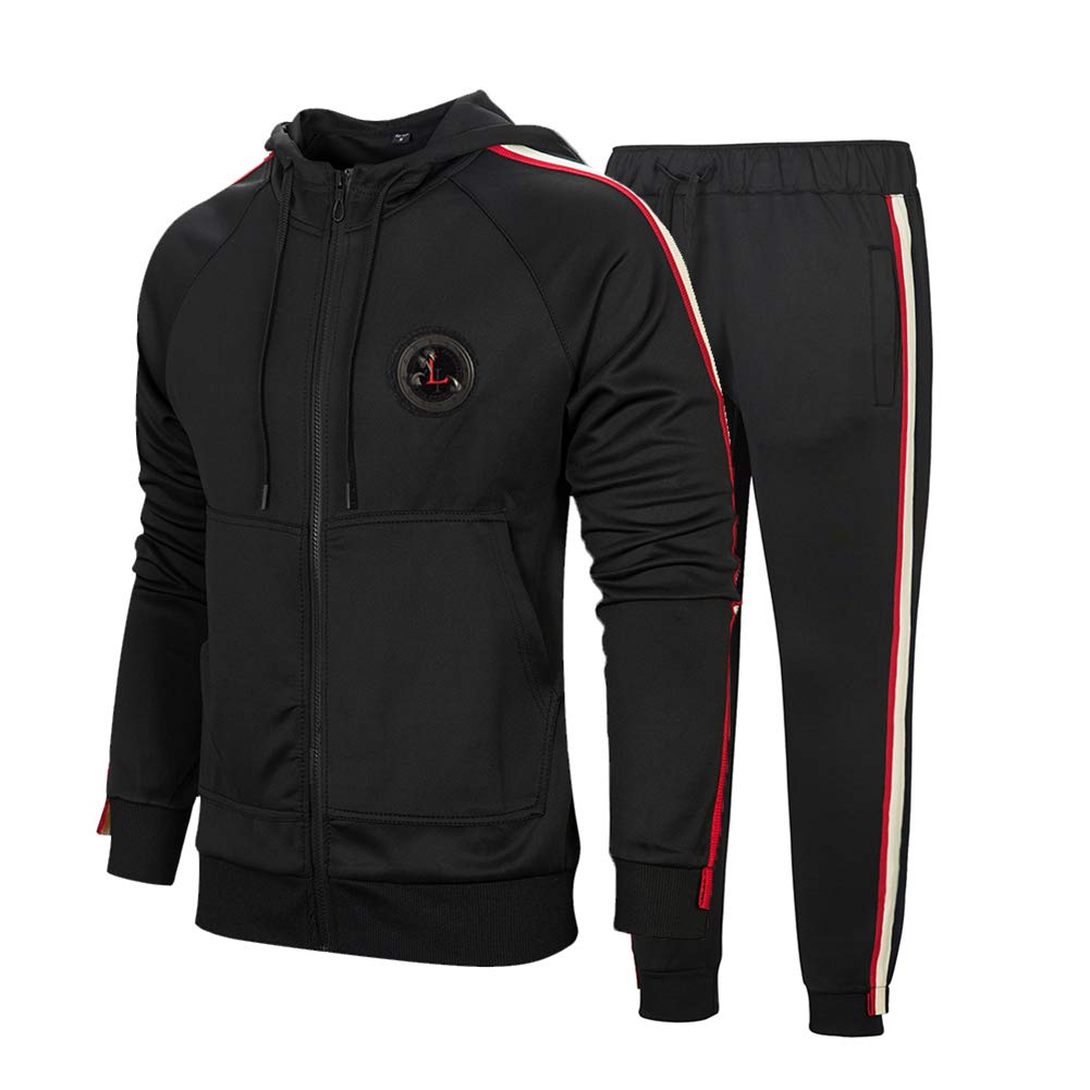 DUOFIER Men's Hooded Athletic Tracksuit Casual Full Zip Jogging Sweatsuits