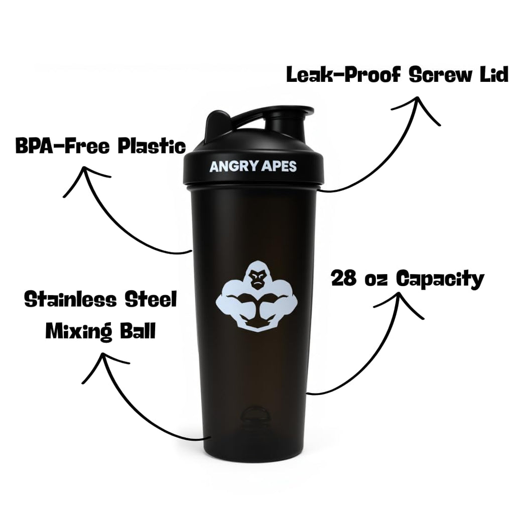 Angry Apes 28 oz Shaker Bottle – BPA-Free Tritan, Leak-Proof Flip Cap, Aluminum Mixer Ball & Measurement Scale – White Variant with Black Logo (white)