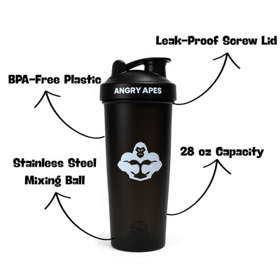 Angry Apes 28 oz Shaker Bottle – BPA-Free Tritan, Leak-Proof Flip Cap, Aluminum Mixer Ball & Measurement Scale – White Variant with Black Logo (white)