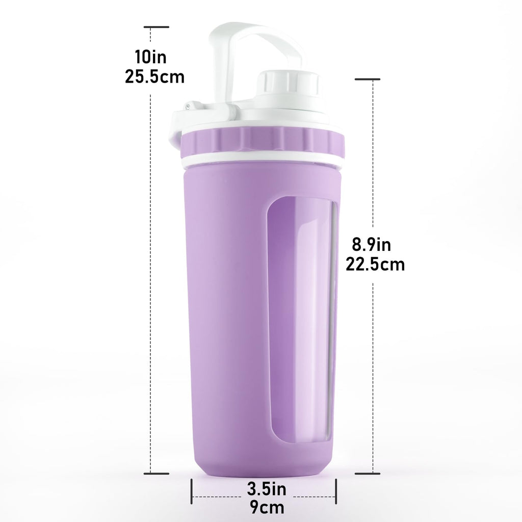 BYLWORKOUT Glass Shaker Bottle Holds upto 28oz | No Blending Ball or Whisk | Removable Plastic Mixer Included | Portable Drink Water Bottle Glass with Silicone Sleeve (White)