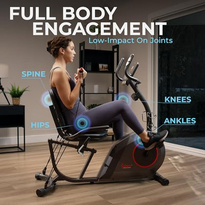 Sunny Health & Fitness Smart Heavy-Duty Recumbent Bike w/Wide Cushioned Seat & Back, Indoor Cycling Machine for Adult/Seniors Home Exercise, Free SunnyFit App Connect, Optional Workout Training Bands