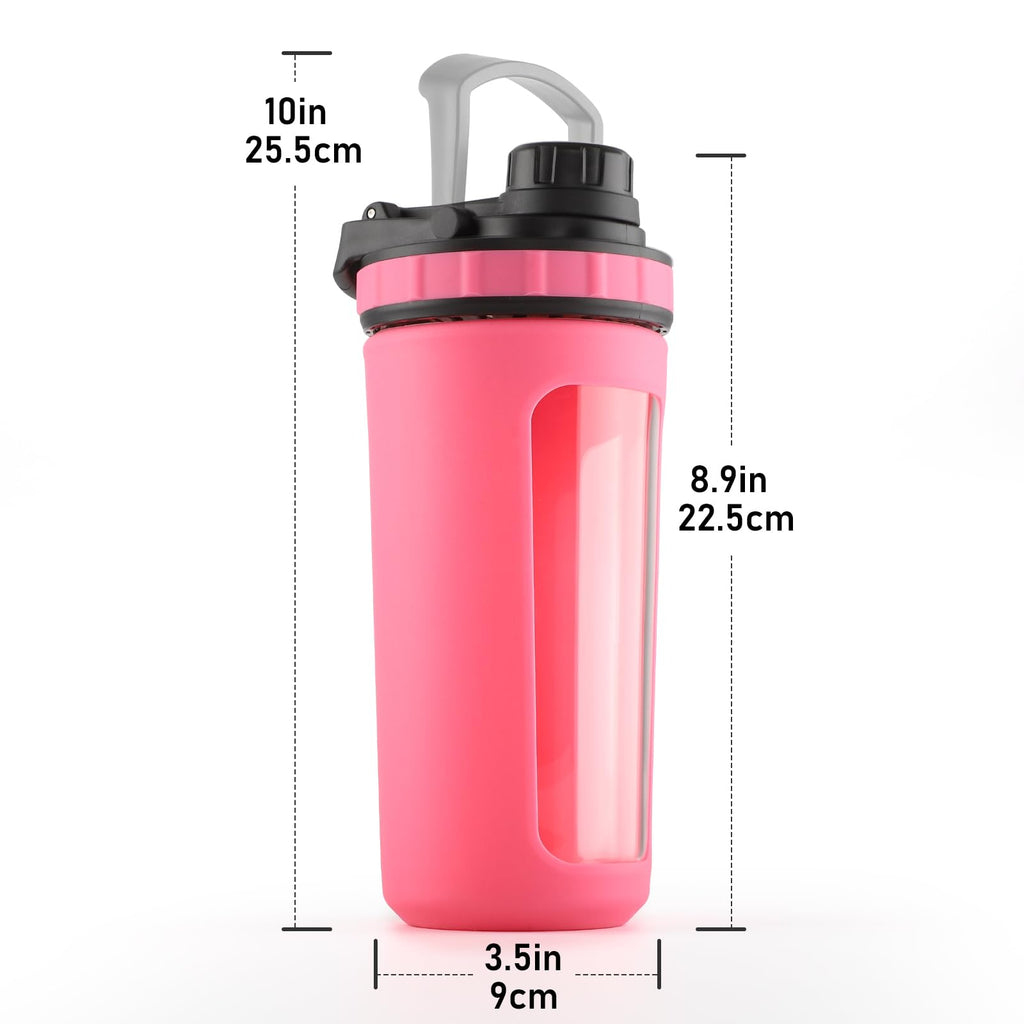 BYLWORKOUT Glass Shaker Bottle Holds upto 28oz | No Blending Ball or Whisk | Removable Plastic Mixer Included | Portable Drink Water Bottle Glass with Silicone Sleeve (White)