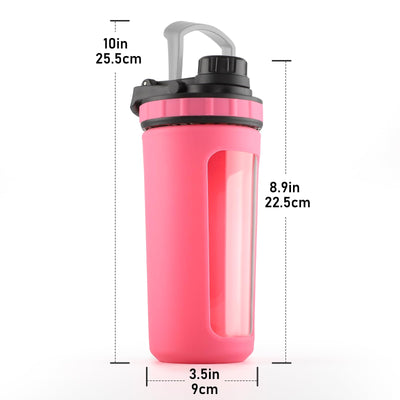 BYLWORKOUT Glass Shaker Bottle Holds upto 28oz | No Blending Ball or Whisk | Removable Plastic Mixer Included | Portable Drink Water Bottle Glass with Silicone Sleeve (White)