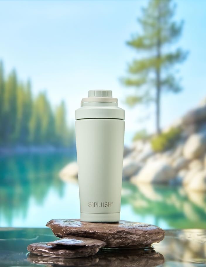 Paradise Shaker Bottle 24 oz, Insulated Stainless Steel Protein Shaker, Dishwasher Safe, with Lid Brush & Protective Boot, Leakproof Twist-Off Chug Cap, Sage Green, Tahoe Mist