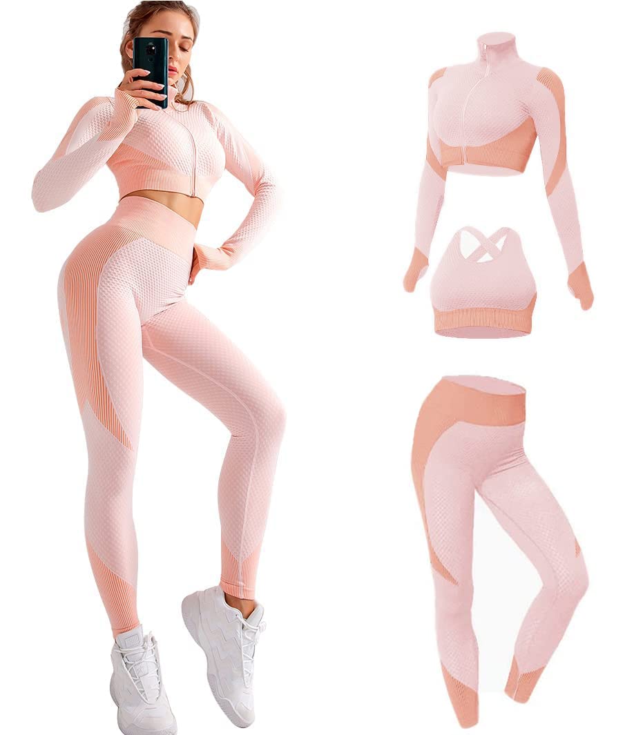 3pcs Seamless Outfit Workout Sets Gym for Women, Fitness Sports School Running Clothes Yoga Sportswear