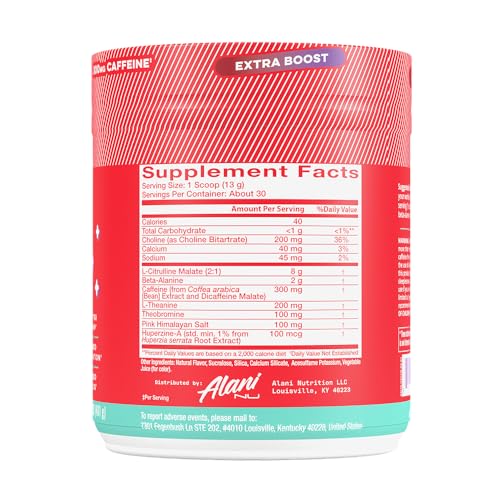 Alani Nu Pre Workout+ Powder Frozen Lemonade, Extra Boost, Sugar Free, 300mg Caffeine, L-Theanine, Beta-Alanine, Citrulline, 30 Servings