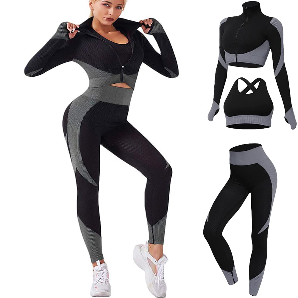 3pcs Seamless Outfit Workout Sets Gym for Women, Fitness Sports School Running Clothes Yoga Sportswear