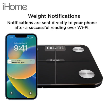 iHome Digital Bluetooth Smart Scale for Body Weight, Weight Scale, Including BMI, Body Fat, Muscle Mass, Batteries Included (Black Smart Bluetooth)