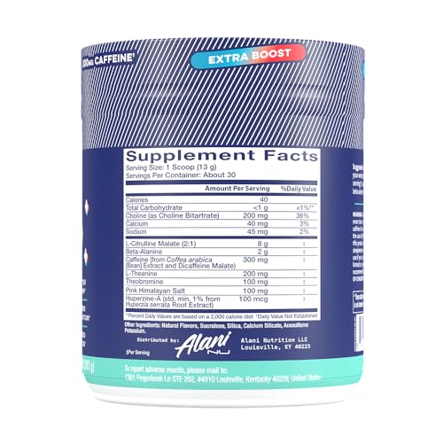Alani Nu Pre Workout+ Powder Frozen Lemonade, Extra Boost, Sugar Free, 300mg Caffeine, L-Theanine, Beta-Alanine, Citrulline, 30 Servings