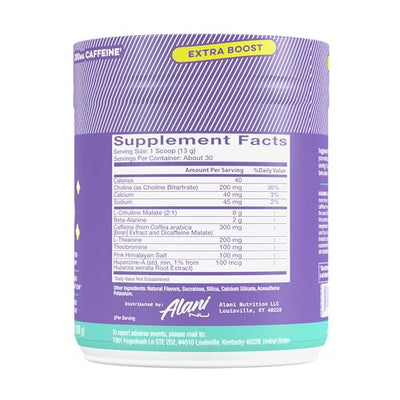 Alani Nu Pre Workout+ Powder Frozen Lemonade, Extra Boost, Sugar Free, 300mg Caffeine, L-Theanine, Beta-Alanine, Citrulline, 30 Servings