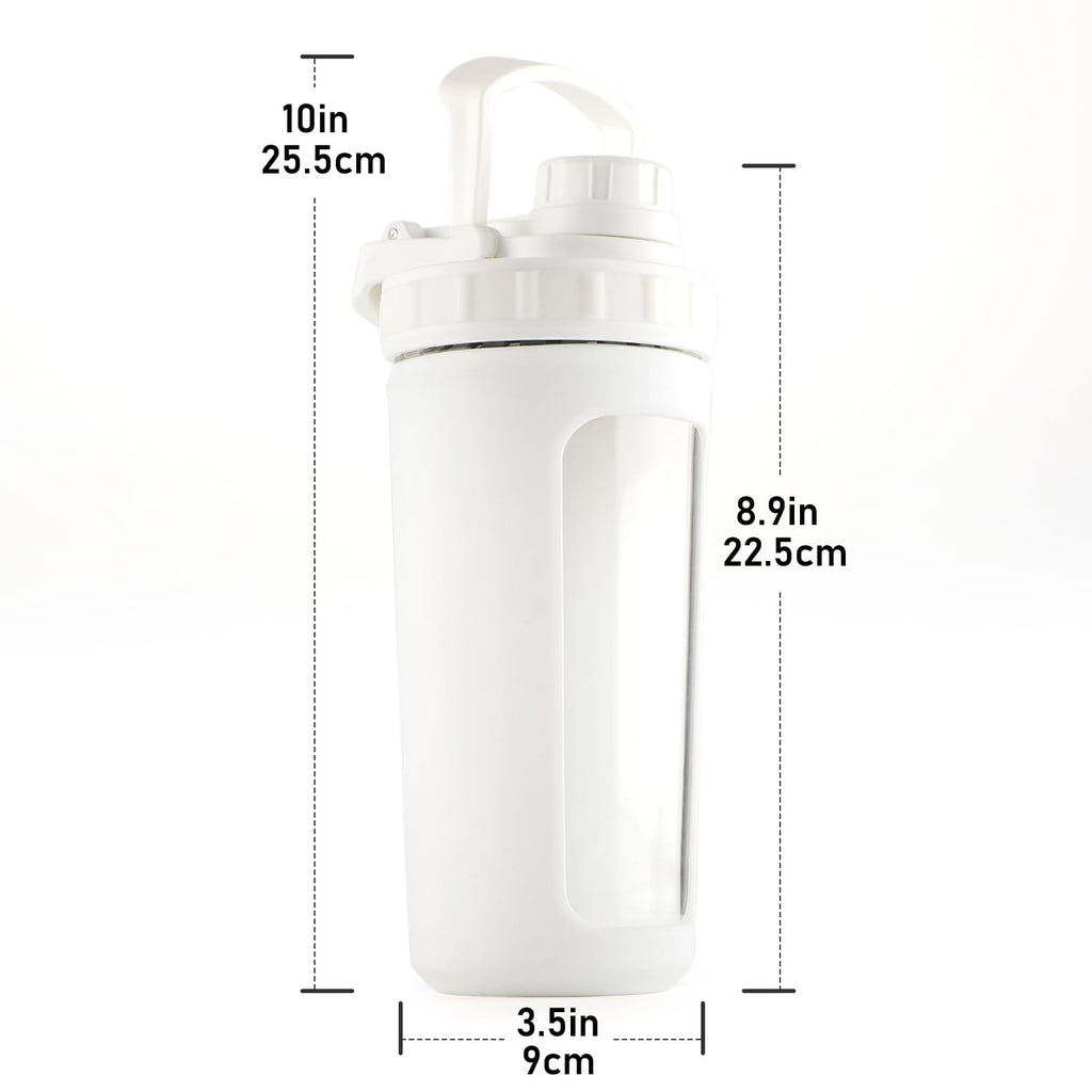BYLWORKOUT Glass Shaker Bottle Holds upto 28oz | No Blending Ball or Whisk | Removable Plastic Mixer Included | Portable Drink Water Bottle Glass with Silicone Sleeve (White)