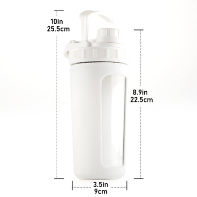 BYLWORKOUT Glass Shaker Bottle Holds upto 28oz | No Blending Ball or Whisk | Removable Plastic Mixer Included | Portable Drink Water Bottle Glass with Silicone Sleeve (White)