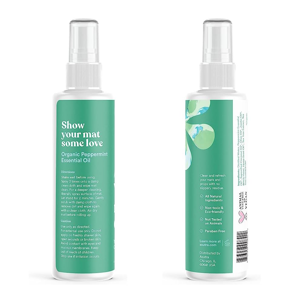 ASUTRA Yoga Mat Cleaner Spray (Energizing Peppermint), 4 fl oz - No Slippery Residue, Organic Essential Oils, Deep-Cleansing for Fitness Gear & Gym Equipment, Microfiber Towel Included