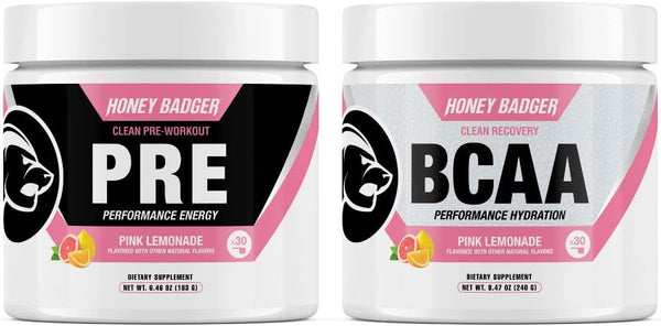 Honey Badger Pre Workout Powder & BCAA Amino Acids Powder Bundle | Beta Alanine, Caffeine & Vitamin C + Electrolytes | Vegan Keto Sugar Free & Paleo for Men & Women | 30 Servings (Pink Lemonade)