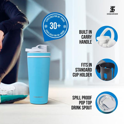 Ice Shaker Insulated Stainless Steel Shaker Bottle | 26oz, Navy/Mint | Cold for 30+ Hours | Insulated Cup with Twist-on Agitator | Odor-Free Bottle for Protein Shakes, Water, Smoothies, Cocktails