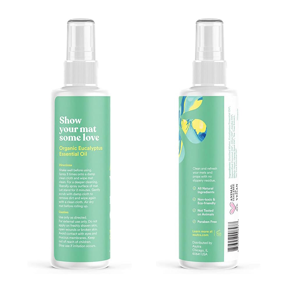 ASUTRA Yoga Mat Cleaner Spray (Energizing Peppermint), 4 fl oz - No Slippery Residue, Organic Essential Oils, Deep-Cleansing for Fitness Gear & Gym Equipment, Microfiber Towel Included