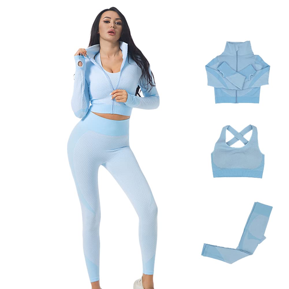 3pcs Seamless Outfit Workout Sets Gym for Women, Fitness Sports School Running Clothes Yoga Sportswear