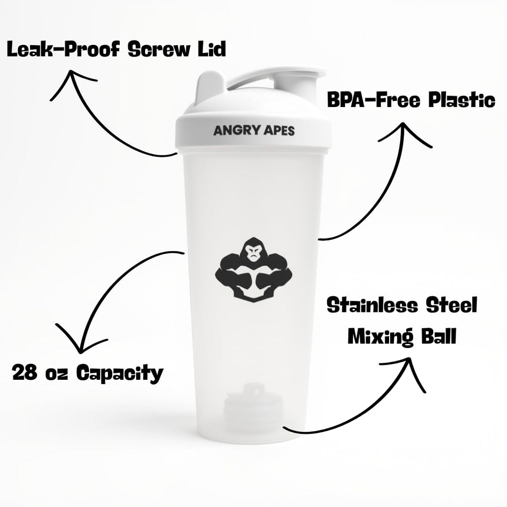 Angry Apes 28 oz Shaker Bottle – BPA-Free Tritan, Leak-Proof Flip Cap, Aluminum Mixer Ball & Measurement Scale – White Variant with Black Logo (white)