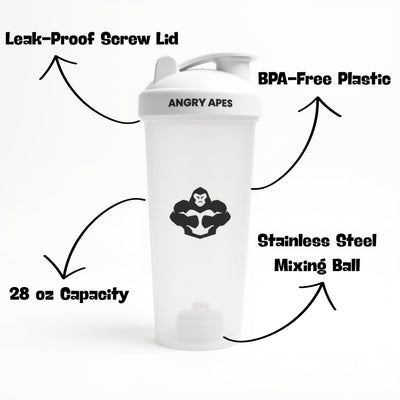 Angry Apes 28 oz Shaker Bottle – BPA-Free Tritan, Leak-Proof Flip Cap, Aluminum Mixer Ball & Measurement Scale – White Variant with Black Logo (white)