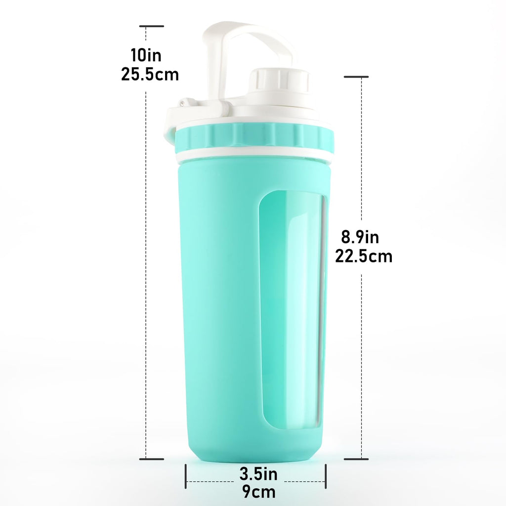 BYLWORKOUT Glass Shaker Bottle Holds upto 28oz | No Blending Ball or Whisk | Removable Plastic Mixer Included | Portable Drink Water Bottle Glass with Silicone Sleeve (White)