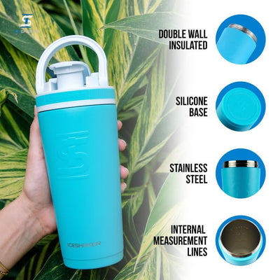 Ice Shaker Insulated Stainless Steel Shaker Bottle | 26oz, Navy/Mint | Cold for 30+ Hours | Insulated Cup with Twist-on Agitator | Odor-Free Bottle for Protein Shakes, Water, Smoothies, Cocktails