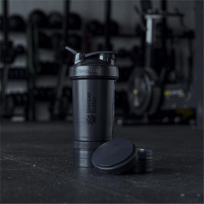 BlenderBottle Shaker Bottle with Pill Organizer and Storage for Protein Powder, Classic V2 ProStak System, 22-Ounce, Smoke Grey