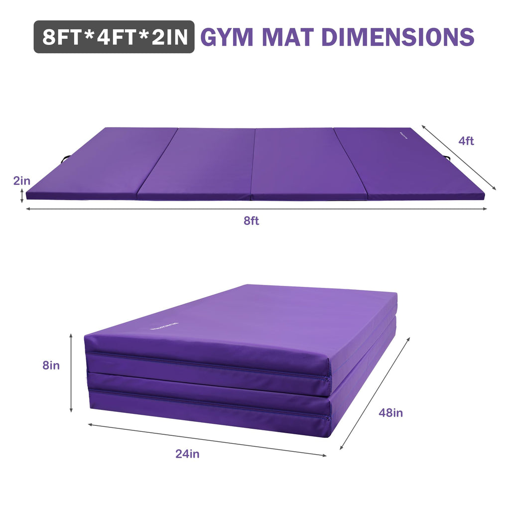 Fitvids Folding Exercise Gymnastics Mat, 4'x8'x2" Gym Workout Mat with Carrying Handles 4-Fold High-Density Anti-Tear Portable Fitness Aerobics Mat for Home Gym Yoga Pilates Tumbling MMA Core Training